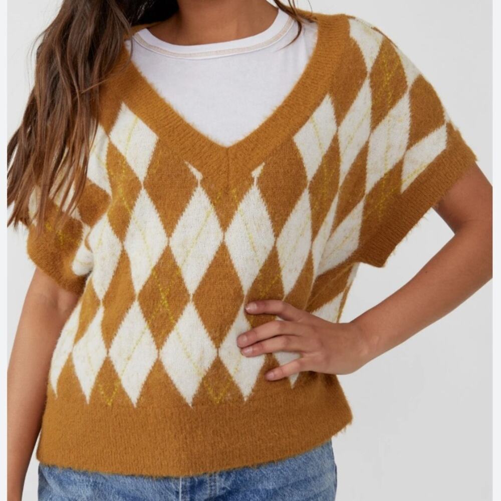 Free People Through The Motion Argyle Sweater Vest size small Tiger Eye Combo